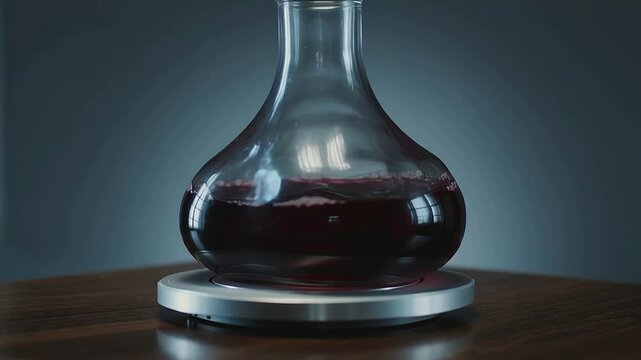 Rotating metal base causing decanter forming crescent wave in wine on wood table window reflection