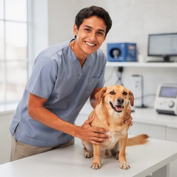 Veterinario hispano revisando perro cl&Atilde;&shy;nica