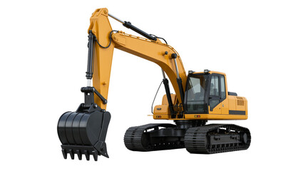 Yellow excavator with black bucket and tracks, isolated on transparent background © yourstocki
