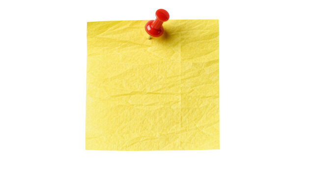 Bright yellow crumpled paper note held by a red pushpin, isolated on transparent background
