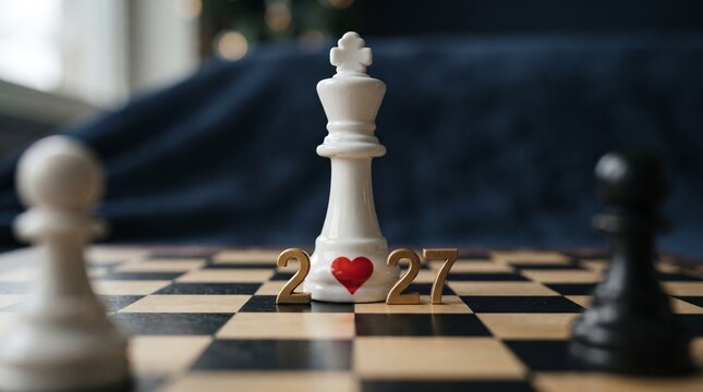 white king piece with a painted red heart and the year 2027, flanked by out-of-focus white and black pawns on , 2027 numbers on checkered board a dark textured background.