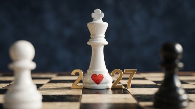 white king piece with a painted red heart and the year 2027, flanked by out-of-focus white and black pawns on , 2027 numbers on checkered board a dark textured background.