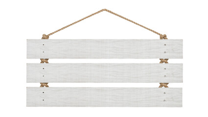 Three horizontal white wooden planks with rope hanger, isolated on transparent background © yourstocki