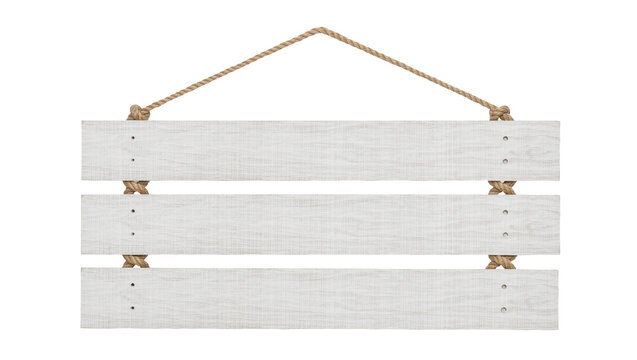 Three horizontal white wooden planks with rope hanger, isolated on transparent background