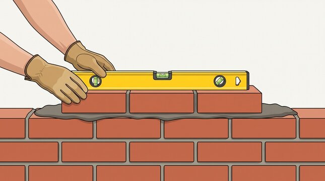 Bricklayer hands using a spirit level to check alignment of red brick masonry wall
