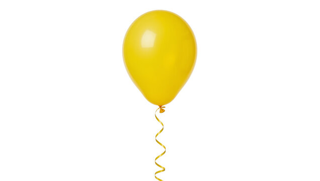 Bright yellow balloon with golden ribbon, isolated on transparent background