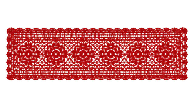 Red rectangular fabric patch with decorative lace edge isolated on transparent background