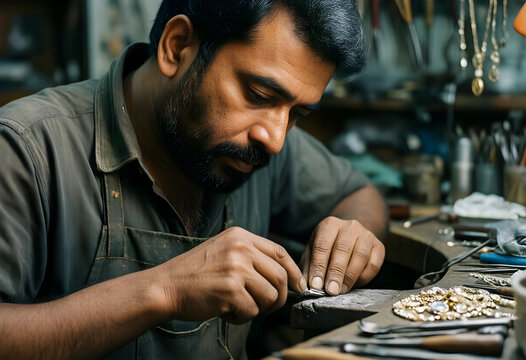 Craftsmanship and artisan tradition, skilled jeweler working on intricate gold jewelry in a workshop with precision tools and focused attention