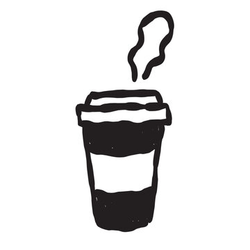 Hand draw breakfast latte doodle. Vector illustration of takeaway coffee icon in chalk, crayon or ink drawing style. Minimalist line art. Illustration for tshirt print, cafe menu or branding design.