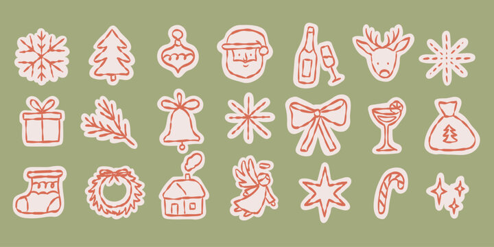 Retro vintage new year and christmas icons. Doodle sketch drawings in grunge hand drawn style for winter holidays party celebration perfect for posters or invitation cards. Hand drawn sticker elements