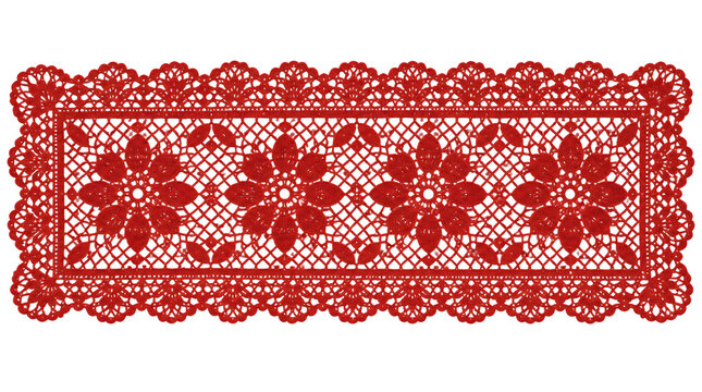Red rectangular fabric patch with decorative lace edge isolated on transparent background