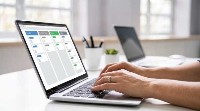 Person typing on laptop with task management software on screen in a bright office environment