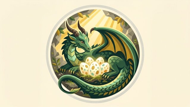 Green Dragon Protecting Eggs in a Circular Fantasy Illustration