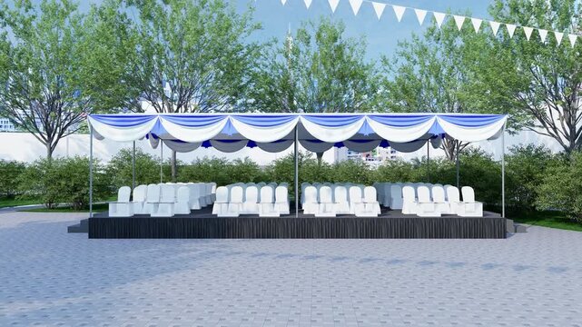 Smooth zoom toward an empty blue and white event tent with covered chairs on a raised outdoor VIP stand in a landscaped urban setting, realistic 3D animation.