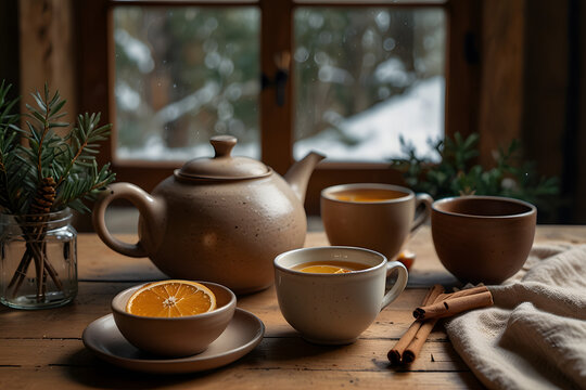  Rustic Winter Tea Setting on Windowsill with Orange Slices