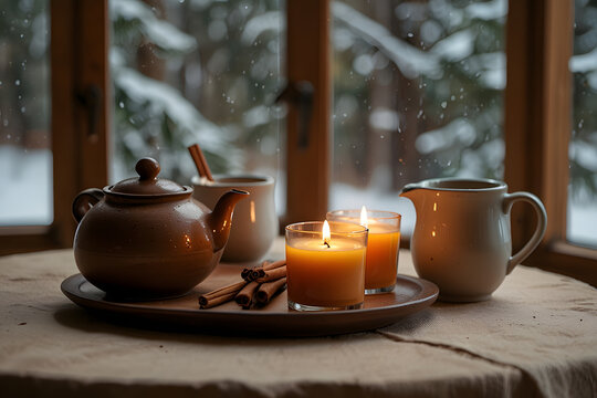 Cozy Winter Tea Time with Glowing Candles and Snowy Window View