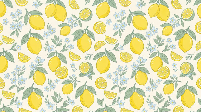 Seamless pattern of fresh yellow lemons and green leaves on a white background
