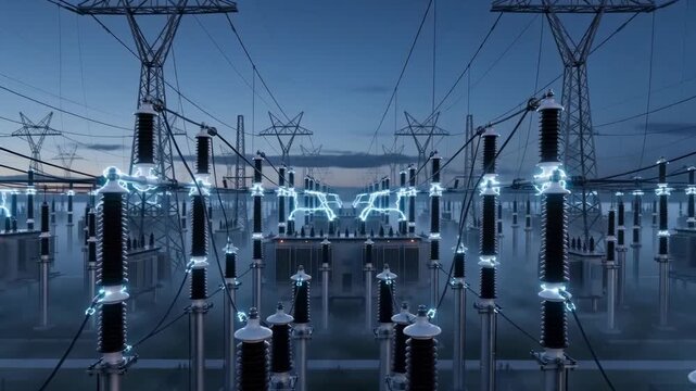 Electrical substation flashes with bright power arcs across transformers amid dusk mist