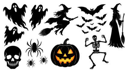 Fototapeta premium Set of halloween silhouettes featuring ghosts, bats, a witch on a broomstick, a jackolantern, spiders, and a skeleton isolated on white background 