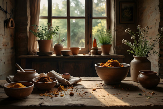 Country Kitchen Table Near Window with Herbs and Ceramic Bowls