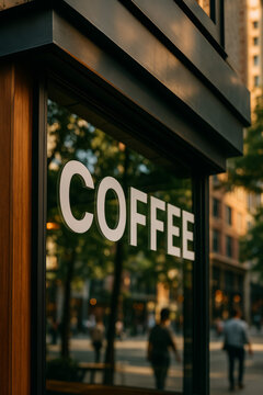 White coffee lettering on a reflective urban shop window