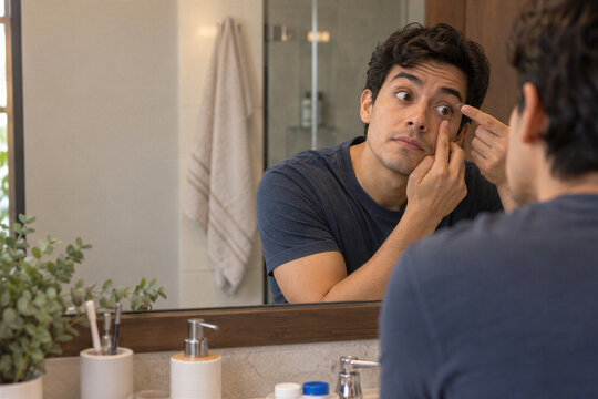 Young latin man putting contact lens in eye at bathroom mirror, morning hygiene routine, mirror reflection