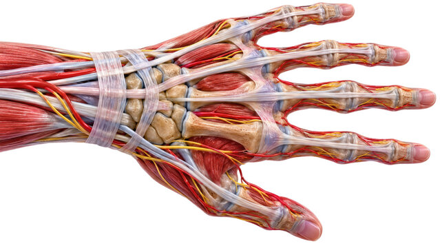 Human hand anatomy showing bones muscles tendons nerves blood vessels and joint structures isolated on white background
