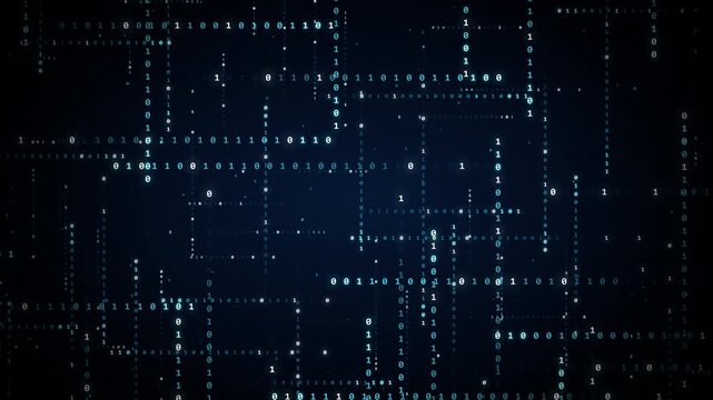 Futuristic binary code stream dissolving into floating quantum bit particles for cyber security data decryption and entropy technology