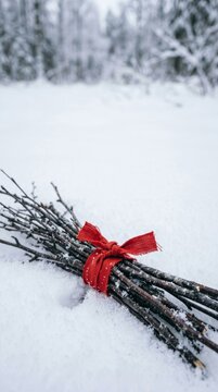 Minimalist bundle of dry wooden twigs tied with a red bow on fresh snow in a winter forest