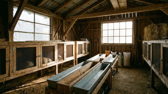 Rustic wooden barn interior with rabbit hutches, metal feeding troughs, and natural window light