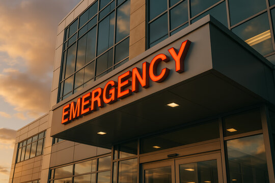 Red emergency lettering along a hospital canopy at sunset