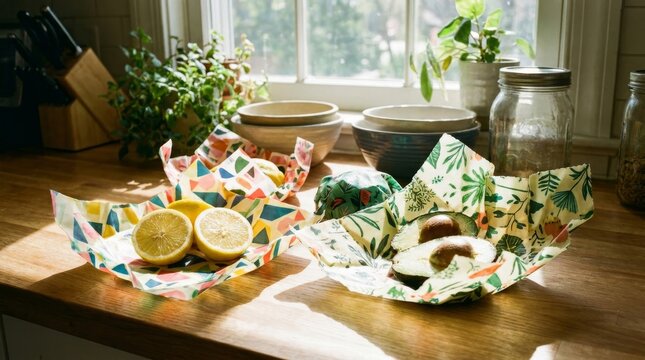 Fresh lemons and avocado halves in reusable beeswax wraps on a bright kitchen counter