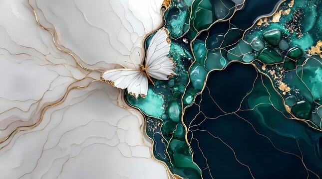 White butterfly and green agate geode resin art. Gold glitter veins and marble texture. Abstract luxury background photo. Elegant interior decor surface design for creative projects