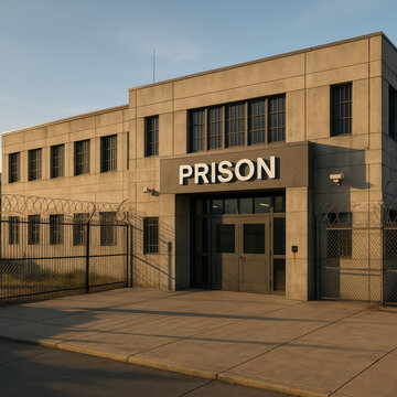 Prison building with barred windows and a secured entrance