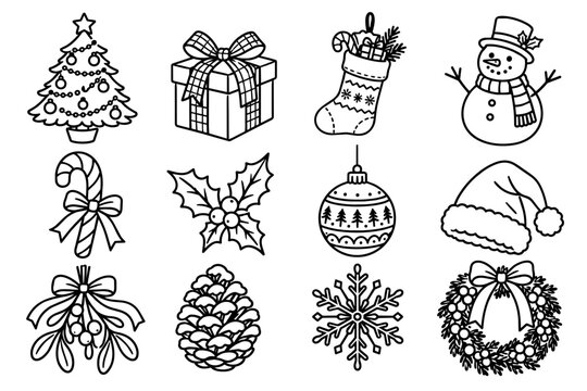 Christmas Hand Drawn Icon Set &ndash; 12 Doodle Style Vector Illustrations for Holiday, Winter and Festive Christmas Themes