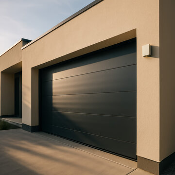 Dark sectional garage door set into a beige house facade