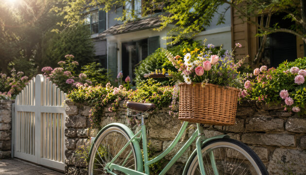 Vintage bicycle adorned with flowers in a garden setting