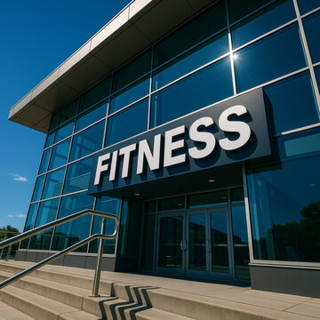 Fitness sign above the stepped entrance of a glass fronted gym
