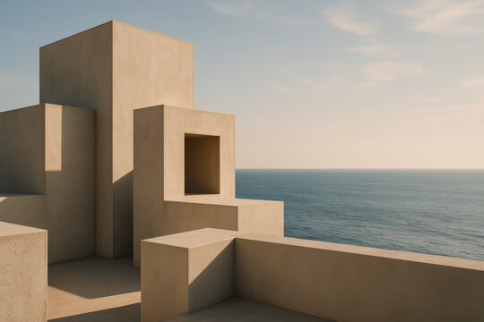 Minimal concrete geometric structure overlooking a calm blue sea
