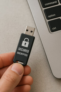 Hand holds secured encrypted usb drive beside laptop keyboard