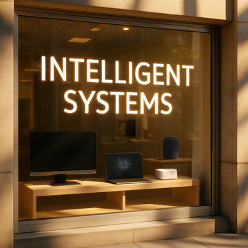Intelligent systems lettering on a warmly lit technology display window