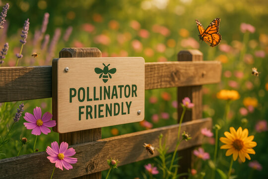 Pollinator friendly sign among flowers with bees and a butterfly