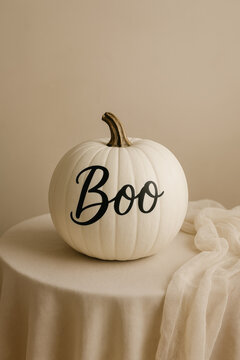 White pumpkin displays black boo lettering on neutral fabric stand