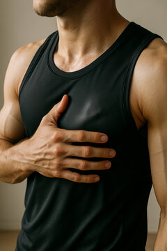 Man in a black tank top holding his chest