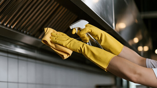 Close-up of a technician's hands degreasing a stainless steel extractor hood in a commercial kitchen, deep industrial cleaning concept, with copy space