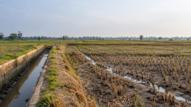 Rice fields and irrigation canal illustrating agricultural water stress