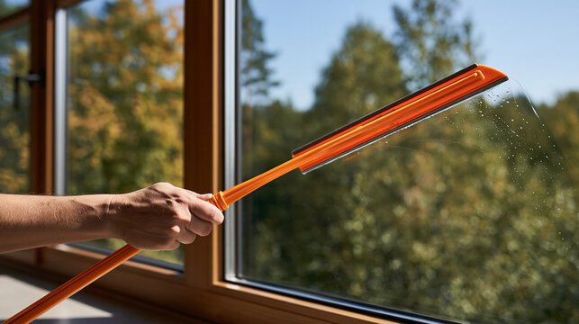 Hand cleaning a glass window pane with detergent and a rubber squeegee wiper, professional window cleaning concept, with copy space