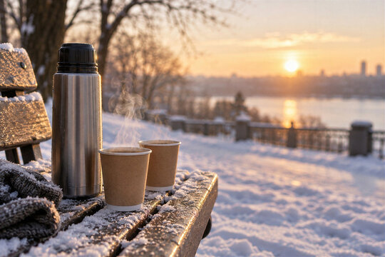 Thermos with two paper cups of hot tea on snowy bench at lake at winter sunrise, break at end of run, nobody