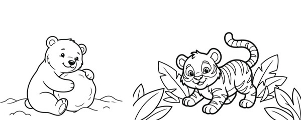 Cute baby bear snowball and tiger cub peeking leaves illustration © Anwara