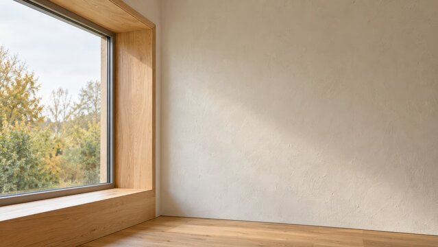 Empty natural interior with autumn window and generous copy space